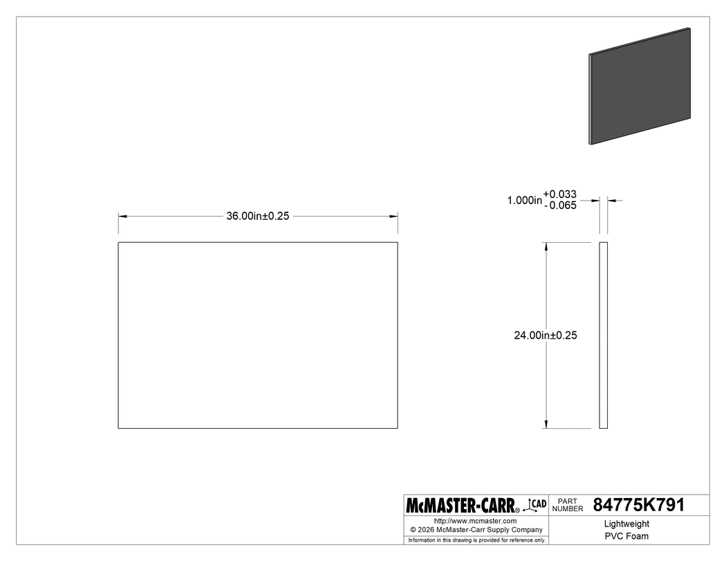 Technical Drawing of Lightweight PVC Foam, 24" x 36" x 1", White.